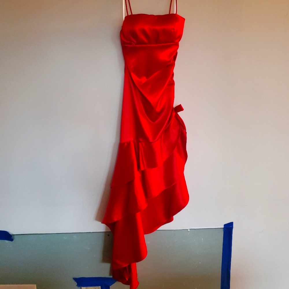 Women's Red Silky Flowy Dress with Leg Slit